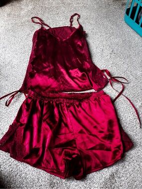 Satin Lace Cami & Short Set in Deep Red